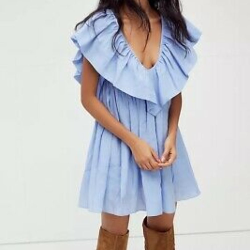 Free People X Ketevanna Anna Blue Ruffle Babydoll Mini Dress Size Small